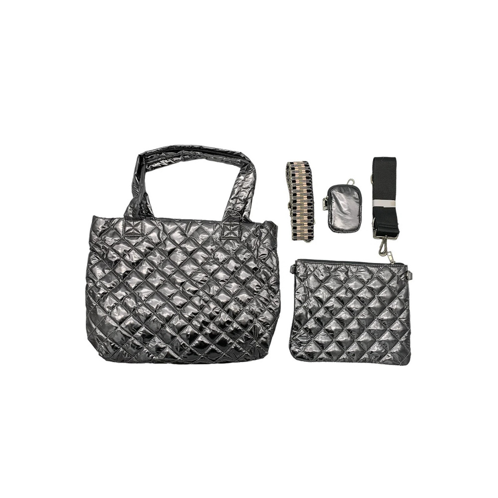 Amy Stran x AHDORNED Quilted Nylon Tote with Accessories Pewter